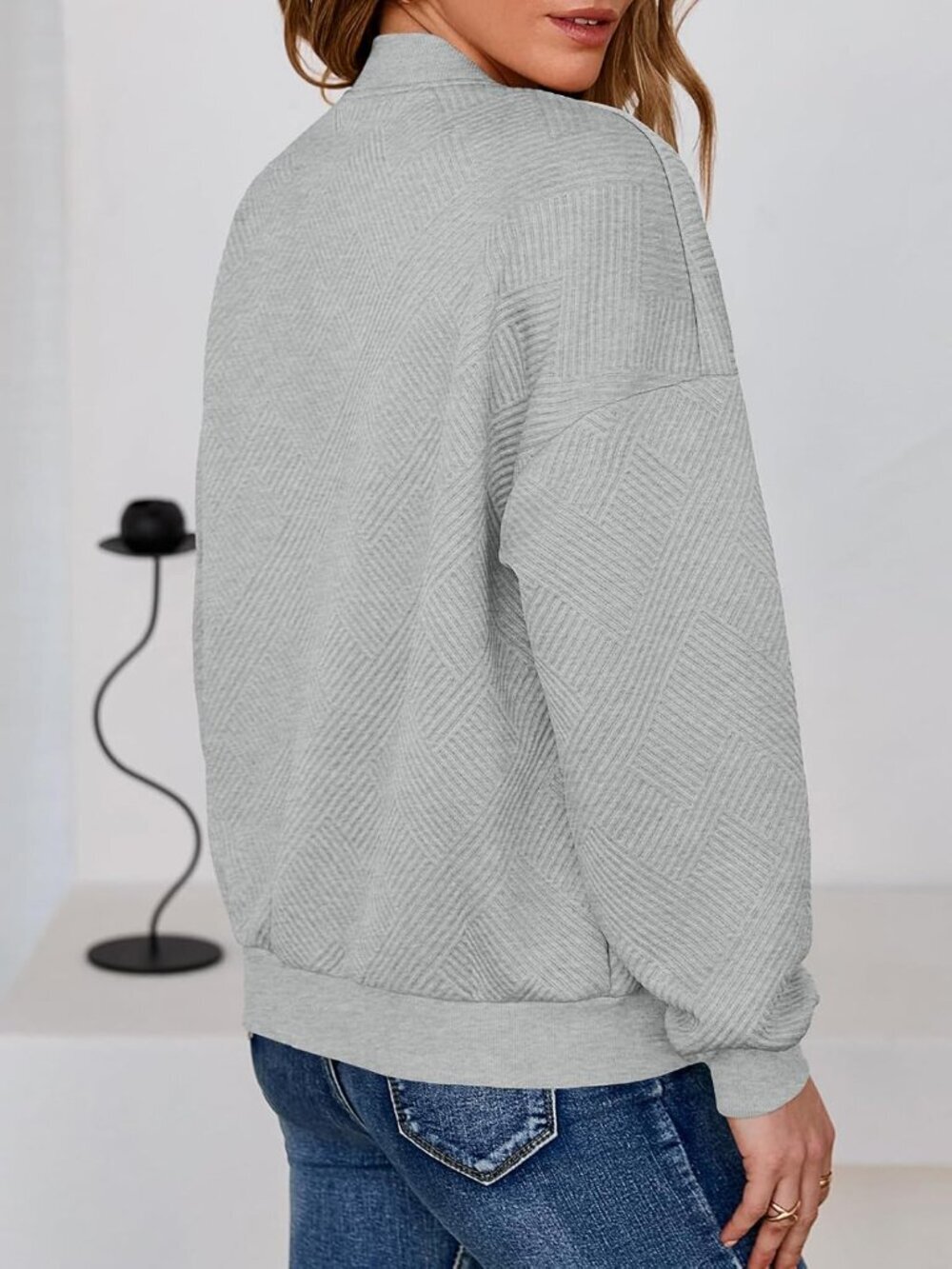 Women's Grey Bomber Jacket Trendy Casual Lightweight Zip Up Jacket with Pockets - Picture 3 of 6